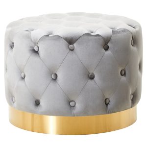 Lysandra grey velvet stool with matte gold finish metal base