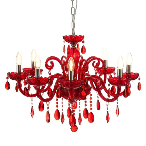 Millelume 8 Bulb Chrome And Red Crystal Glass Chandelier