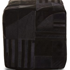 Sirocco Black And Grey Deco Hair on Leather Pouffe
