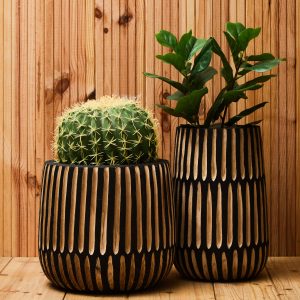 Arborea Large Engraved Natural And Black Wooden Planter