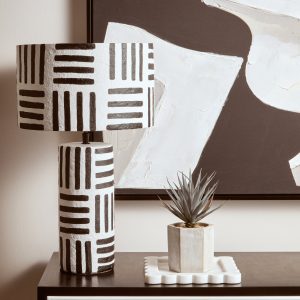 Cielor Black And White Papier Mache Table Lamp with Geometric Lines