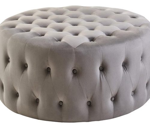Hyalina Grey Velvet Round Tufted Footstool