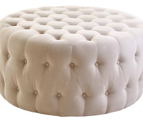 Hyalina Beige Velvet Round Tufted Footstool